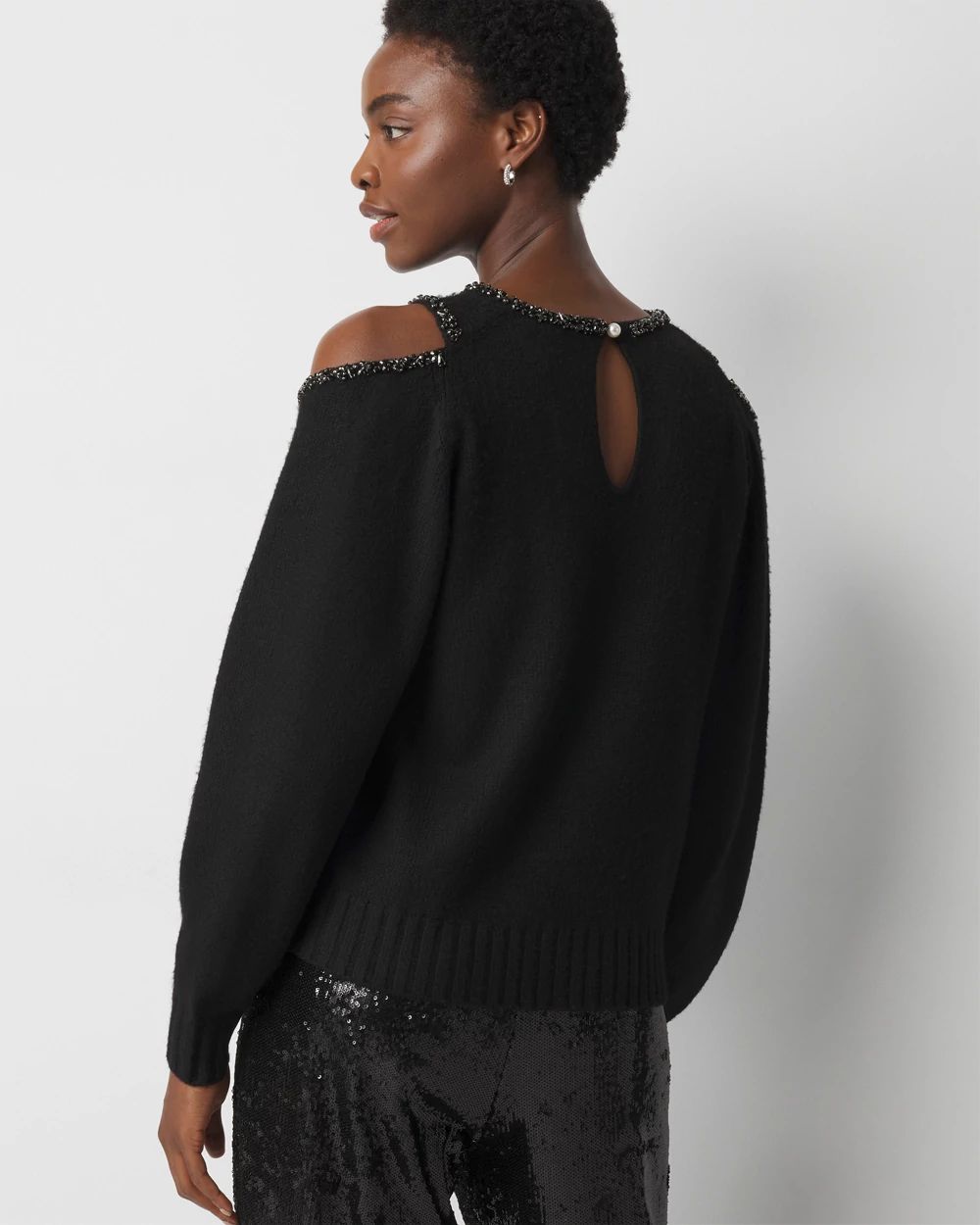 Women s Embellished Cutout Sweater in Black Size Small White House Black Market Holiday Tops